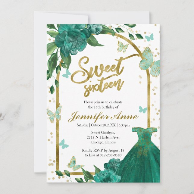 Invitación Sweet 16 Butterflys Green Rubor Gown (Anverso)