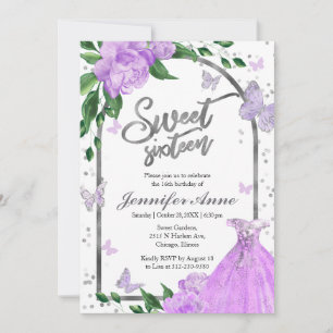 Invitación Sweet 16 Butterflys Lavender Gown
