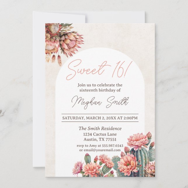 Invitación Sweet 16 Cactus Boho Pampas Arch Invite al cumplea (Anverso)