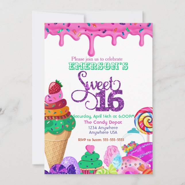 Invitación Sweet 16, Candyland, Candy Sweets donut (Anverso)