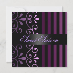 Invitación Sweet 16 con franja y remolino púrpura/