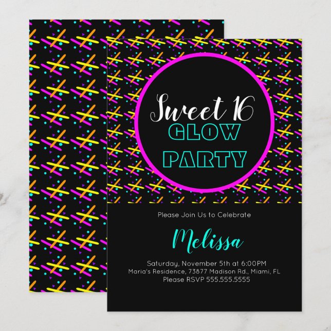 Invitación Sweet 16 Crazy Beam Neon Glow En El Fiesta Oscuro (Anverso / Reverso)