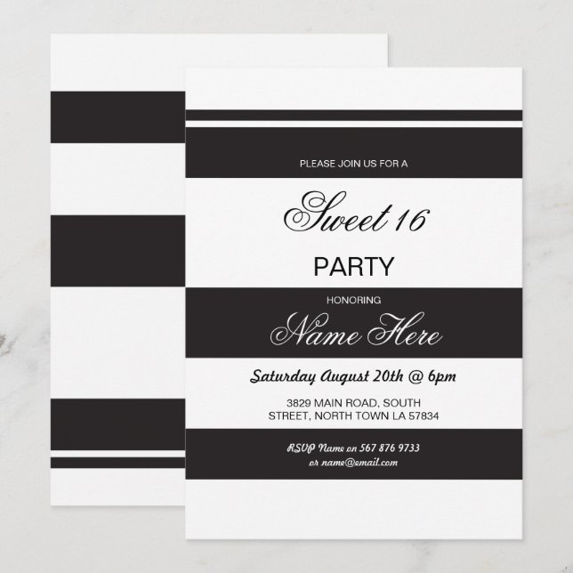 Invitación Sweet 16 Cumpleaños Party Stripe Black White Invit (Anverso / Reverso)