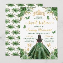 Invitación Sweet 16 Dark Green Princess African American Girl