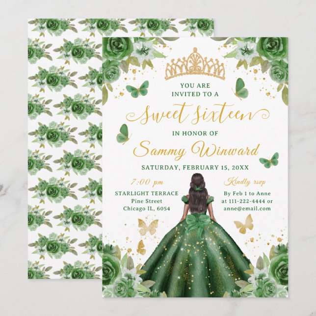 Invitación Sweet 16 Dark Green Princess African American Girl (Anverso / Reverso)