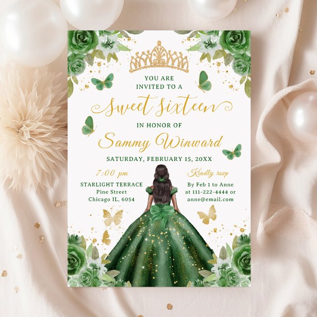 Invitación Sweet 16 Dark Green Princess African American Girl (Subido por el creador)