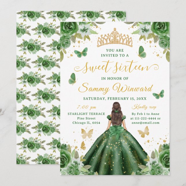Invitación Sweet 16 Dark Green Princess Brunette Girl (Anverso / Reverso)
