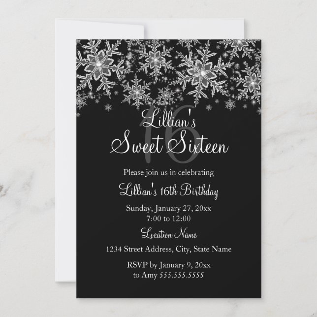 Invitación Sweet 16 de destellos de copo de nieve  (Anverso)