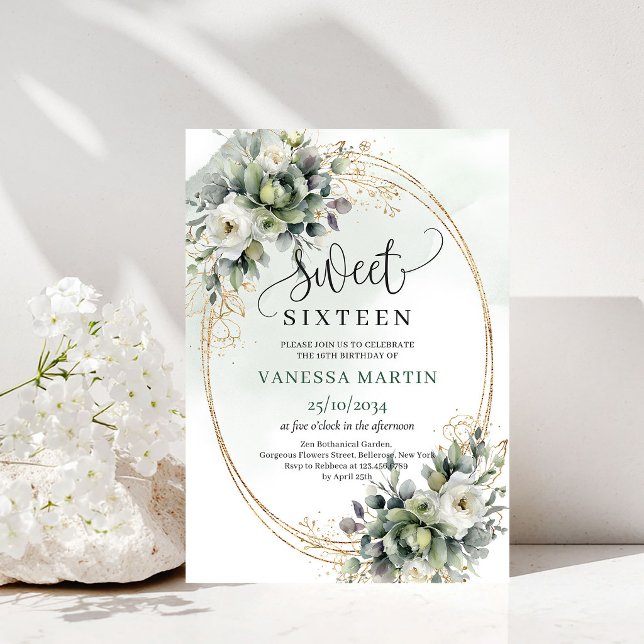 Invitación Sweet 16 de eucalipto verde y blanco (Green And White Eucalyptus Sweet 16 Invitation)