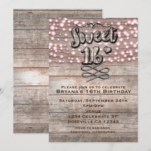 Invitación SWEET 16 de madera rústica desgastada y (Anverso / Reverso)