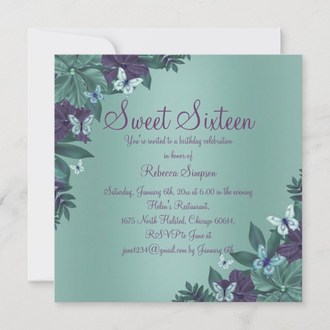 Invitación Sweet 16 de Mariposa Morada y Verde (Anverso)