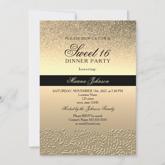 Invitación Sweet 16 de negro y dorado (Anverso)