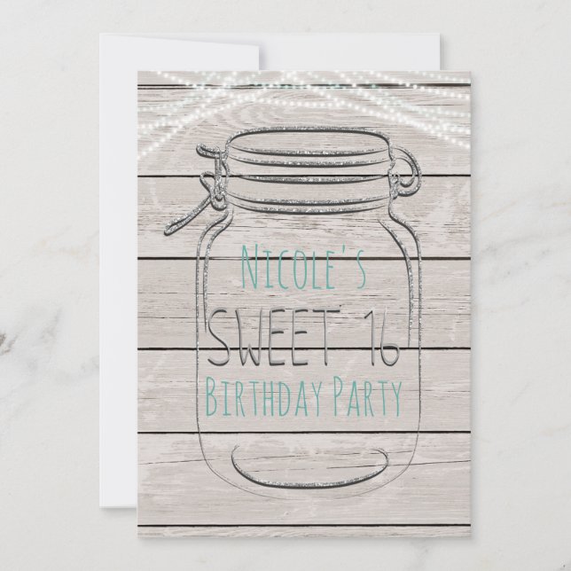 Invitación Sweet 16 de Tarro Mason con Brillo Fals (Anverso)