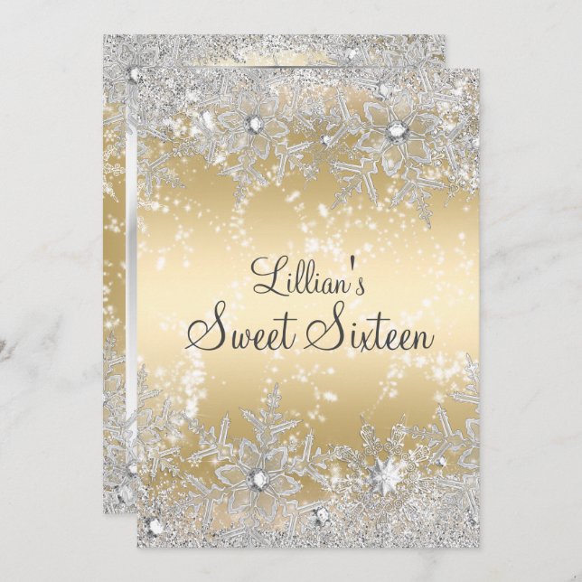 Invitación Sweet 16 Diamond Snowflake Gold Winter Wonderland (Anverso / Reverso)