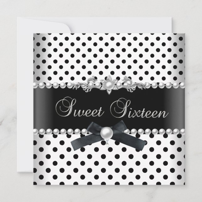 Invitación Sweet 16 Dieciséis Black Spot Silver White (Anverso)