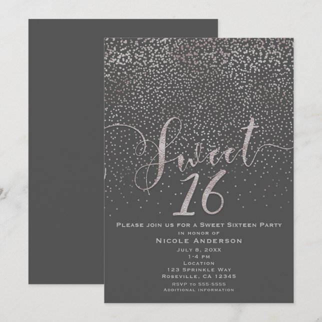 Invitación SWEET 16 Dieciséis Confetti Gris Plateado Moderno (Anverso / Reverso)