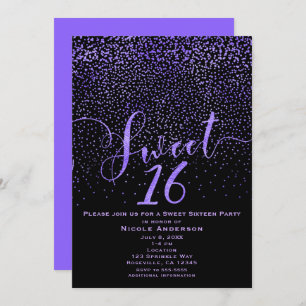 Invitación SWEET 16 Dieciséis Confetti moderno morado y negro