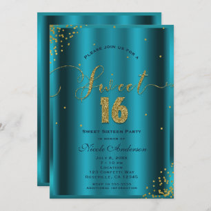 Invitación SWEET 16 Dieciséis esquinas Aqua Blue & Gold Confe