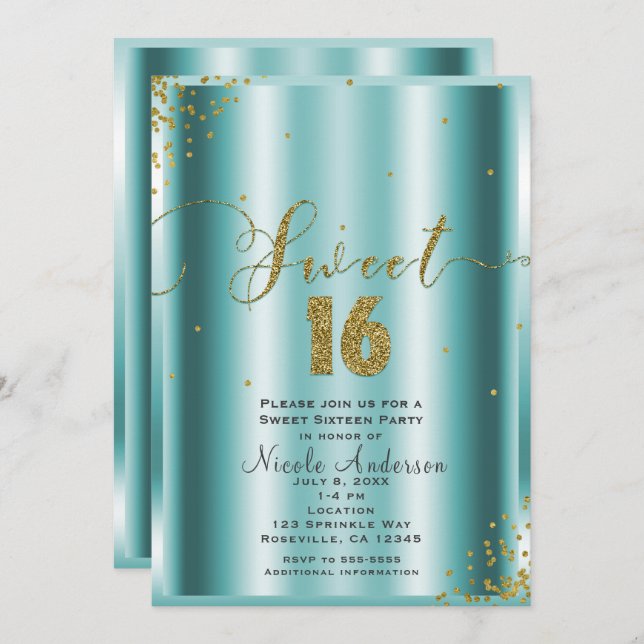 Invitación SWEET 16 Dieciséis esquinas Aqua & Gold Confetti (Anverso / Reverso)