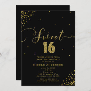 Invitación SWEET 16 Dieciséis esquinas de confetti negro y do