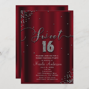 Invitación SWEET 16 Dieciséis esquinas de confetti rojas y pl