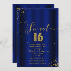 Invitación SWEET 16 Dieciséis Esquinas Royal Blue Gold Confet