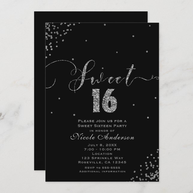 Invitación SWEET 16 Dieciséis Rincón de Confetti Negro y Plat (Anverso / Reverso)