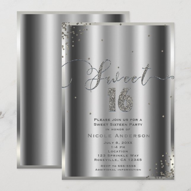 Invitación SWEET 16 Dieciséis Rincones de Confetti Glam Plata (Anverso / Reverso)