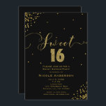 Invitación SWEET 16 Dieciséis Rincones de Confetti Negro y Or<br><div class="desc">SWEET 16 Dieciséis Invitaciones A Las Esquinas De Confetti Negro Y Oro.</div>