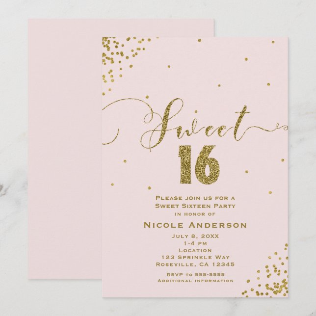 Invitación SWEET 16 Dieciséis Rincones Rubor Pink & Gold Conf (Anverso / Reverso)
