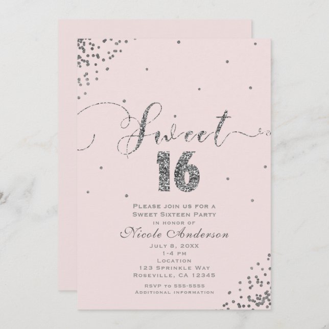 Invitación SWEET 16 Dieciséis Rincones Rubor Plata Rosa Confe (Anverso / Reverso)