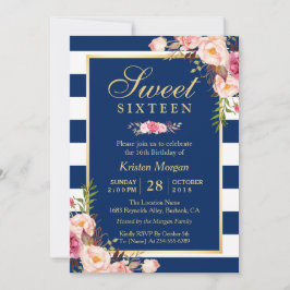 Invitación Sweet 16 elegantes franjas azules de la marina flo