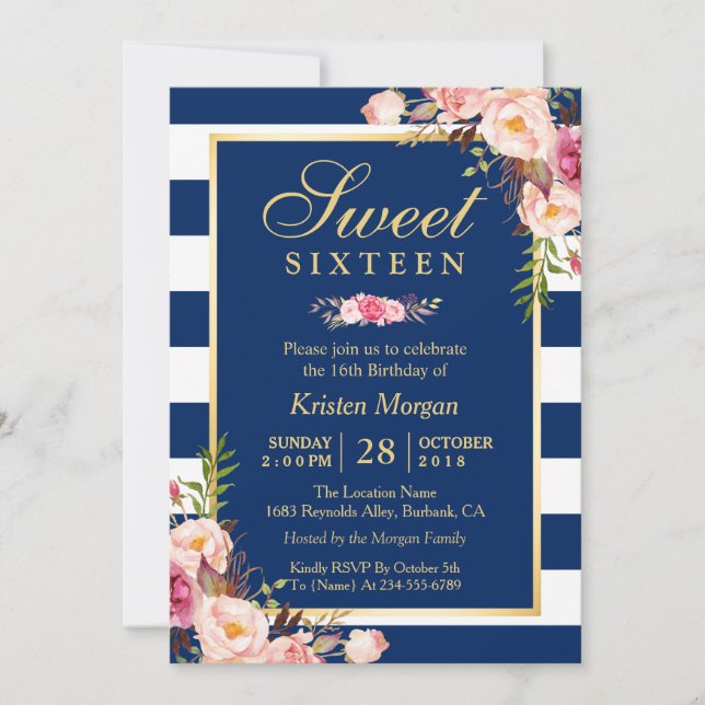 Invitación Sweet 16 elegantes franjas azules de la marina flo (Anverso)
