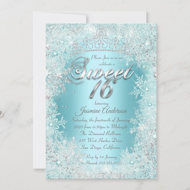 Invitación Sweet 16 Fiesta azul Verde azulado Silver Winter W (Anverso)