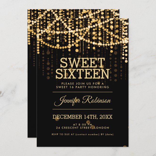 Invitación Sweet 16 Fiestas Gold String Lights (Anverso / Reverso)