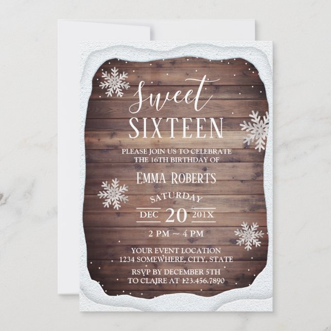 Invitación Sweet 16 Fiestas Rustic Winter Frame Snowflakes (Anverso)