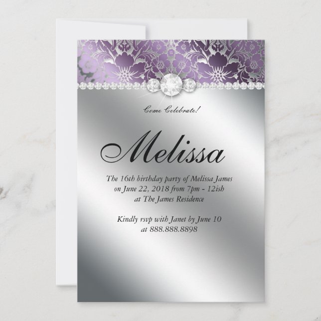 Invitación Sweet 16 Floral Damask Morado Plateado (Anverso)