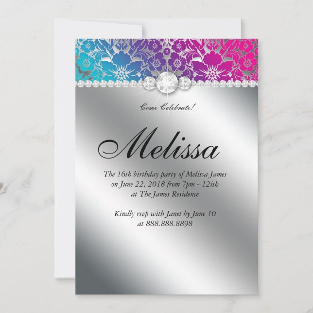 Invitación Sweet 16 Floral Damask Rosa Azul Platea (Anverso)