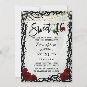 Invitación Sweet 16 Flores de rosa rojo vintage Thorn Frame