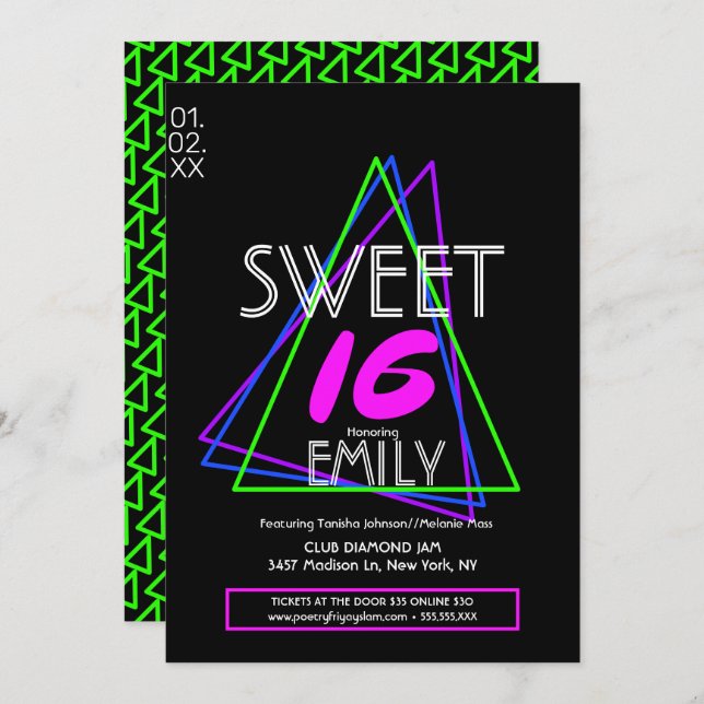 Invitación Sweet 16 Flyer Club Tema Neón geométrico (Anverso / Reverso)