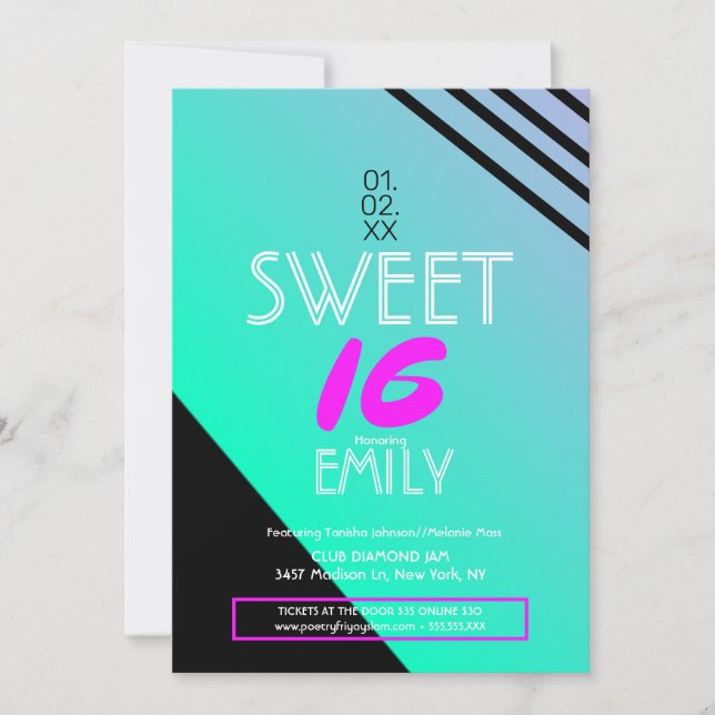Invitación Sweet 16 Flyer Club Tema Neon Stripes geométricas (Anverso)