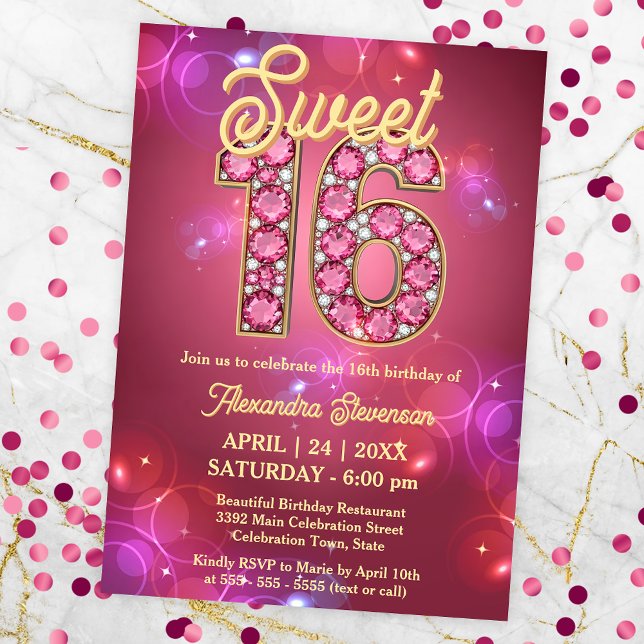 Invitación Sweet 16 Gemstone Sparkle Pink and Purple Bokeh (Subido por el creador)