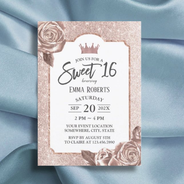 Invitación Sweet 16 Girly Rosa Rubor Purpurina de oro Floral (Subido por el creador)