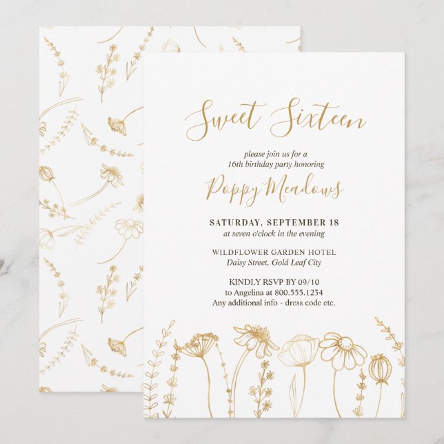 Invitación Sweet 16 Gold Wildflower Sketch 16th Birthday (Anverso / Reverso)
