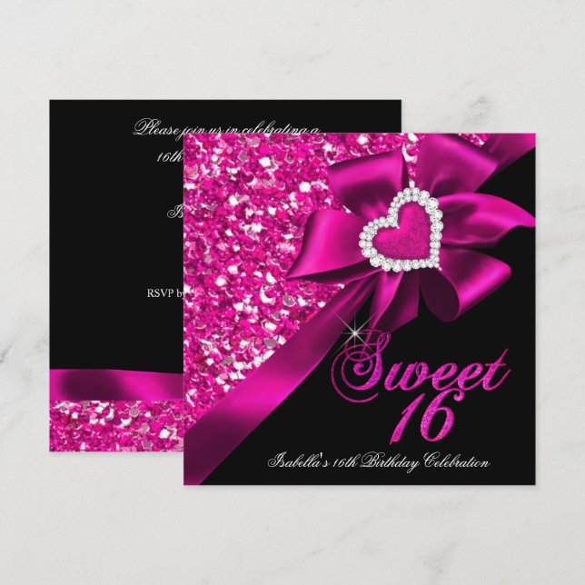 Invitación Sweet 16 Hot Pink Heart Bow Black Fiesta (Anverso / Reverso)
