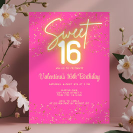 Invitación  Sweet 16 Hot Pink Neon Glow Gold Glitter Birthday