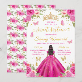 Invitación Sweet 16 Hot Pink Princess African American Girl