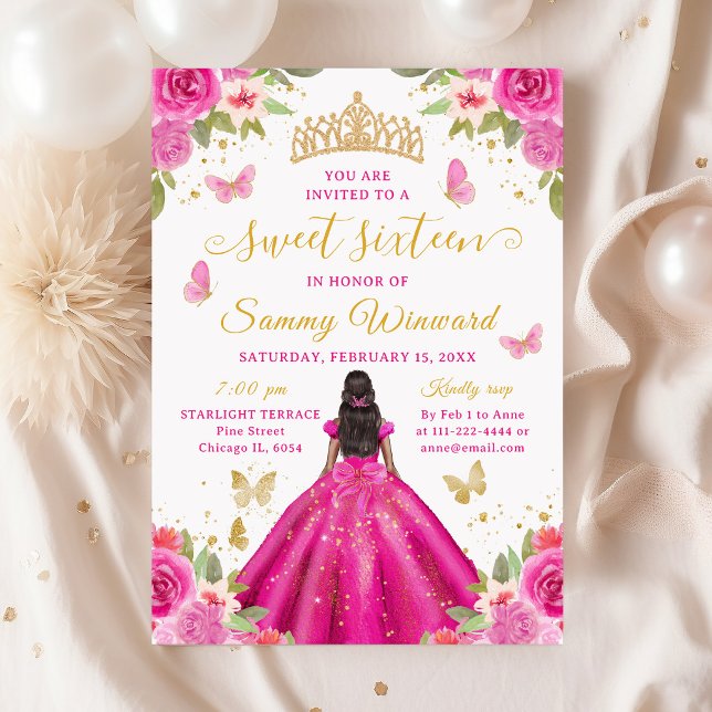 Invitación Sweet 16 Hot Pink Princess African American Girl (Subido por el creador)