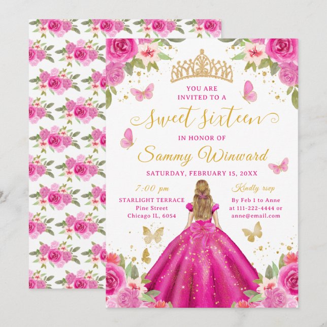 Invitación Sweet 16 Hot Pink Princess Blonde Girl (Anverso / Reverso)