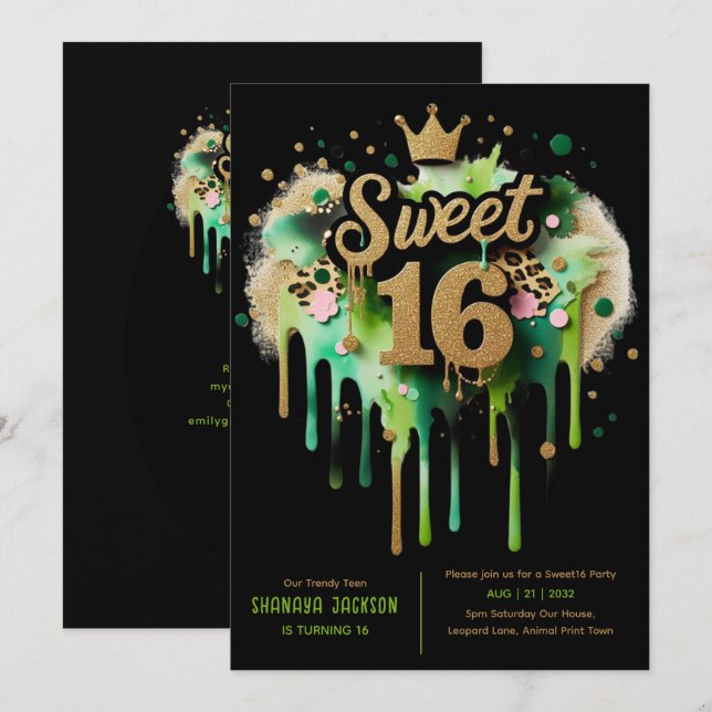 Invitación Sweet 16 Leopard Print Green Gold (Anverso / Reverso)